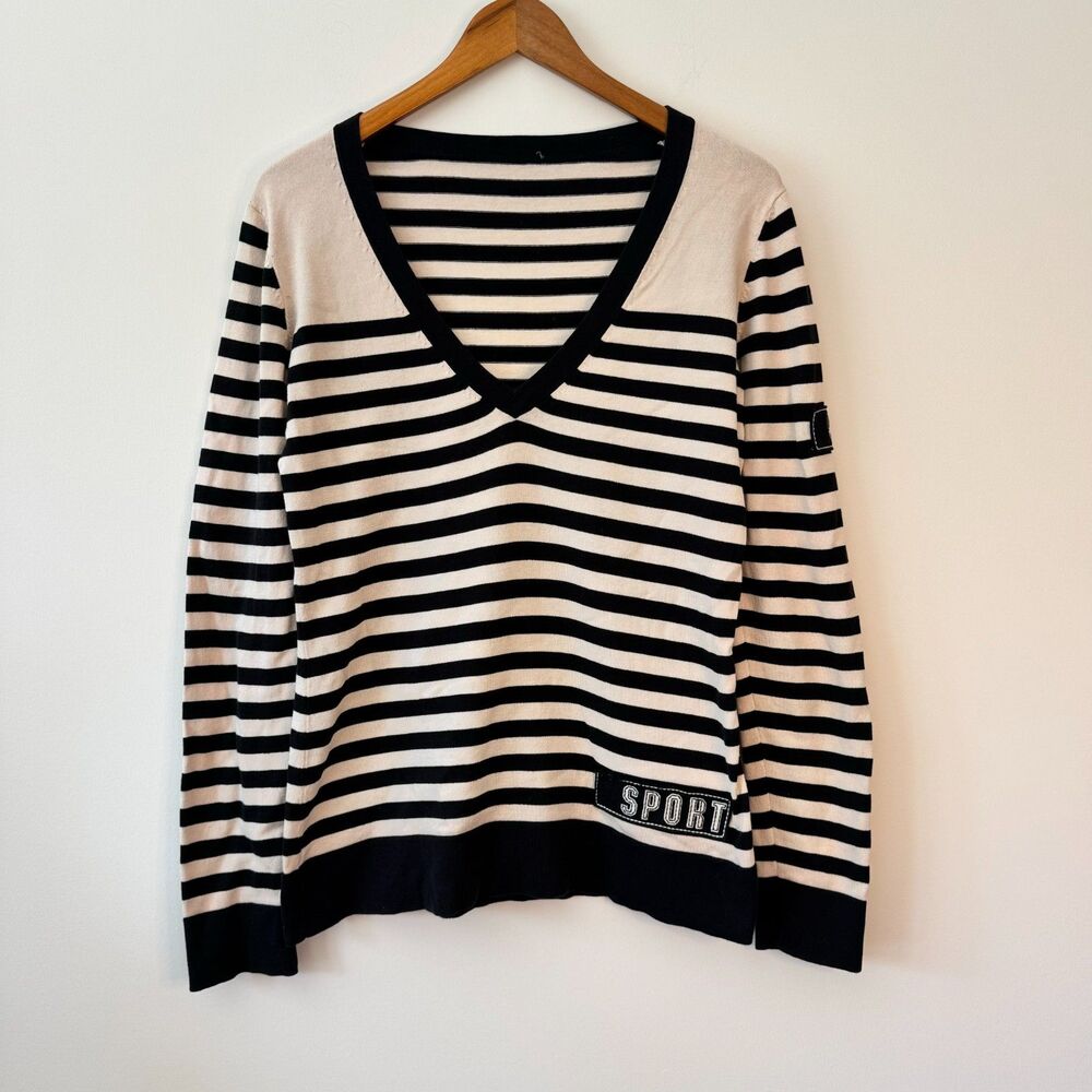 Escada Sport Striped V Neck Pullover Sweater Size Medium